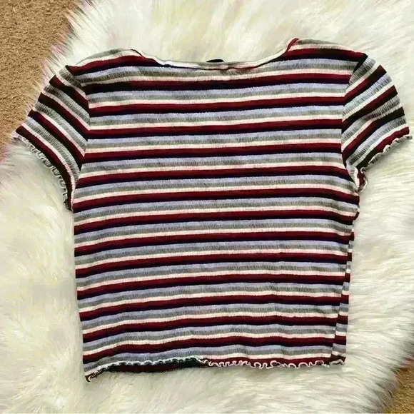 American Eagle Outfitters Cropped Ruffle Hem Striped Tee Small - Picture 5 of 6